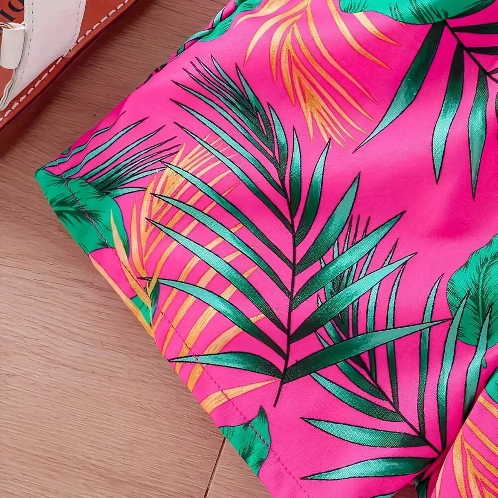 2-Piece Girl's Green Off-Shoulder Blouse Top + Tropical Shorts Set